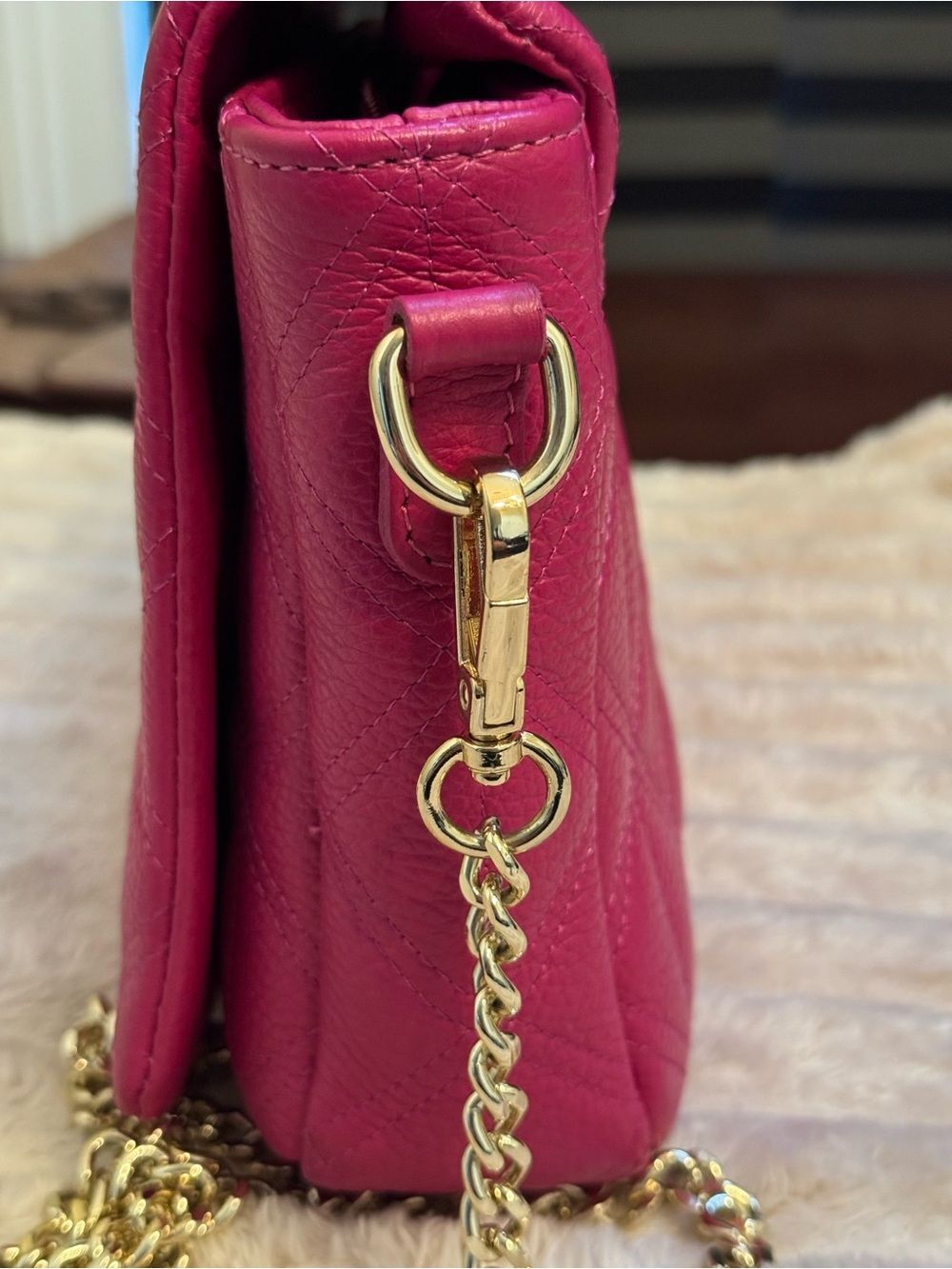 Anna Paola Genuine Italian Leather Quilted Crossbody Bag Pink Gold Chain - Picture 2 of 11